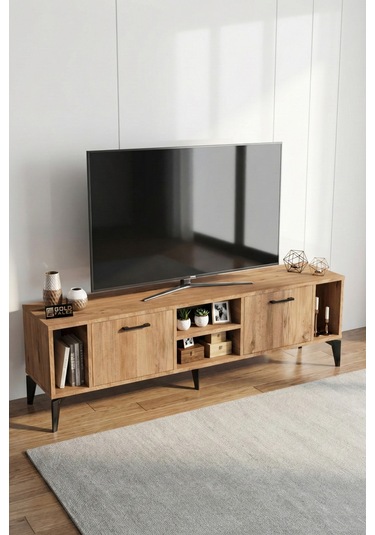 Tv Sehpası 160 Cm Modern Çok Amaçlı Dolaplı Raflı Televizyon Ünitesi Linya Atlantik Çam