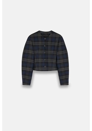 Kadın Lacivert Ekoseli Bisiklet Yaka Crop Blazer Lacivert