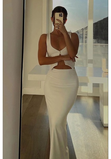 Kahverengi Maxi Basic Etek Beyaz