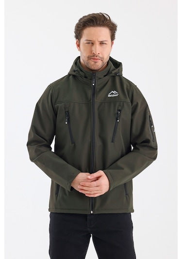 Çıkartılabilen Fermuarlı Kapüşon Cepli İçi Polarlı Su Geçirmez Softshell Erkek Mont Haki Haki