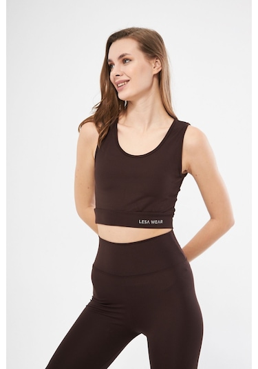 Halter Yaka Spor Sütyeni Crop Top Kahverengi