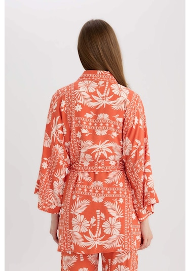 Defacto 	Relax Fit Desenli Kuşaklı Kimono D5443AX25SP Turuncu