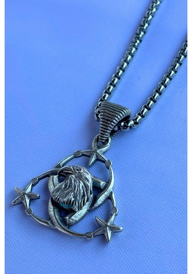 Kartal Ay Yıldız El İşçiliği Paslanmaz Çelik Zincir Erkek Kolye Gümüş