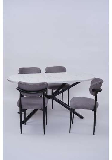 Bohem Metal Polo Boyalı Mdf Lak Panel Yemek Masa Takımı 90x170 Beyaz Mermer