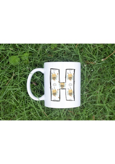 H Harfi Arı Desenli Kupa - Sevimli Hayvan Temalı Kişiye Özel Kahve Kupası - Şans Kupası Beyaz