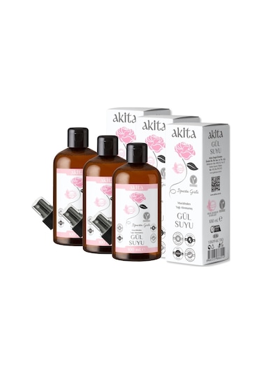 Akita Doğal Yağı Alınmamış Gül Suyu Cam Şişe 3 x 100 ML