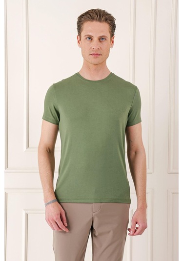 Slim Fit Bisiklet Yaka Düz Pamuklu Haki Tişört Ts 823 Haki