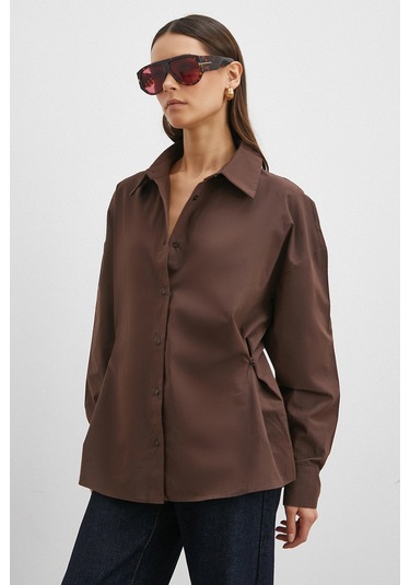Düğme Detaylı Pamuklu Gömlek Kahve Kahve