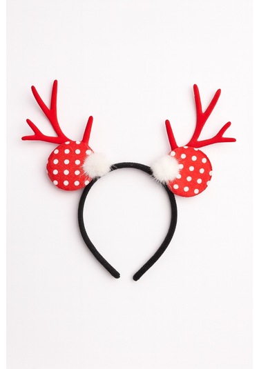 Yılbaşı Geyik Boynuzlu Puf Tüylü Kırmızı Puantiyeli Saç Bandı Yetişkin Kadın Parti Taç Aksesuar