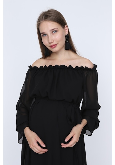 Modalabio Moda Labio-Babyshower Dökümlü Hamile Elbisesi Siyah