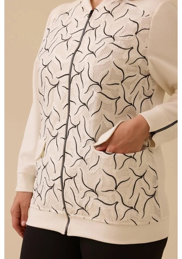 Kadın Büyük Beden Desenli Fermuarlı Kap - Ekru Ekru