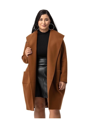 Büyük Beden Torba Cepli Tek Düğmeli Astarlı Kahverengi Kaşe Kaban-kahverengi Kahverengi