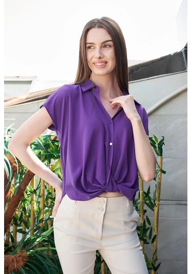 Likrasız Şık Kumaş Yakalı Düşük Omuzlu Önü Pileli Gömlek-eflatun Eflatun