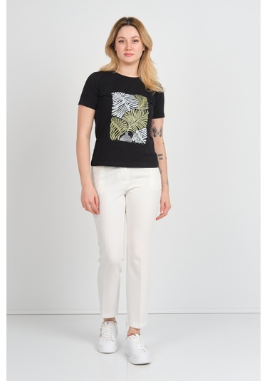 Sistas Kadın Baskı Desenli Kısa Kollu Pamuklu Bluz 24099 Siyah Siyah