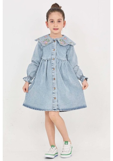 Kız Çocuk Yaka Detaylı Ve Boydan Düğmeli Jean Elbise 12339 Açık Mavi
