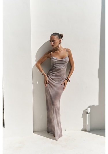 Chomhan Askılı Degaje Duman Uzun Elbise M