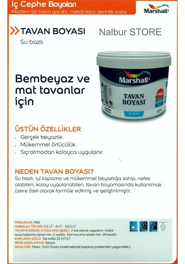 Marshall Özel Mat Duvar Boyası 15Lt=20Kg+Tavan Boyası 6Lt=10Kg+Ma
