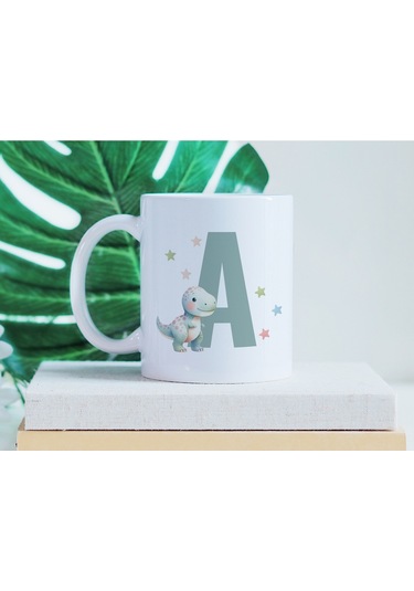 A Harfi Sevimli Dinozor Kupa Bardak - Açık Yeşil Yıldız Detaylı Dino Tasarım - Hediye Beyaz