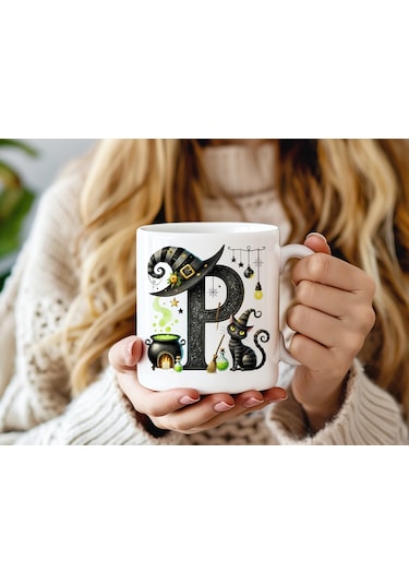 P Harfli Halloween Kedili Figür Kupa Bardak - Şapkalı Ve Kazanlı İsme Özel Kupa - Hediye 07 Beyaz