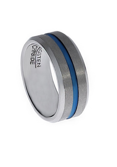Erkek Mavi Çizgi Detay Gümüş Renk Tungsten Yüzük Silver