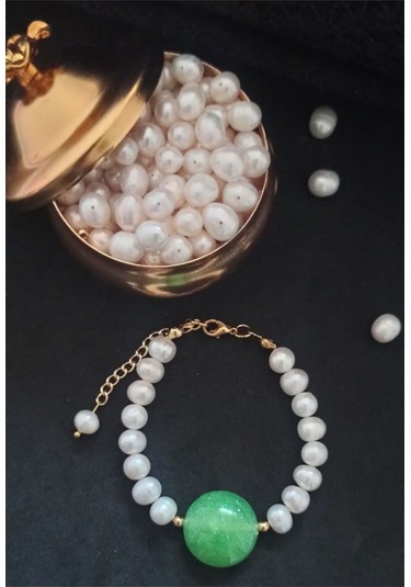 24k Altın Kaplama Gerçek İnci Zümrüt Yeşil Akrilk Detaylı Pırıltı Gold