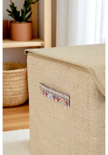 İronika Jüt Garni Detaylı Kutu Dolap İçi Organizer Oyuncak Eşya Çamaşır Saklama Kutusu Düzenleyici Kahverengi