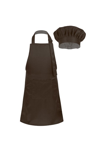 Kahve Çocuk Mutfak Yemek Pişirme Ve Pişirme Giyim Önlük Ve Cepli Şef Şapka Seti Çocuk Aşçı Kostümü L