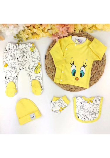Civciv Desenli Yenidoğan 5li Hastane Çıkışı Zıbın Seti %100 Pamuk Sari