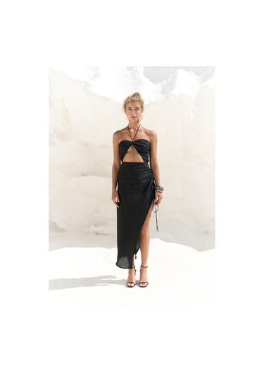 Abrossa Boyundan Bağcıklı Asimetrik Siyah Keten Elbise siyah