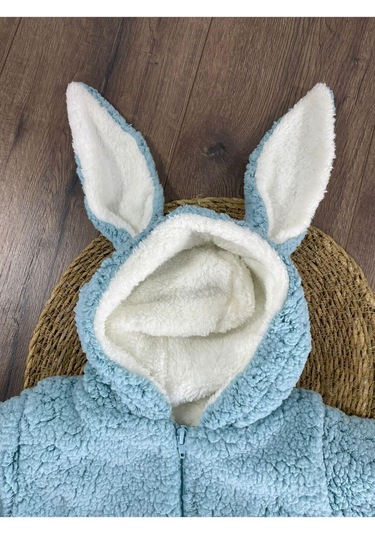Çift Kat Wellsoft Kürklü Tavşan Kulak Unisex Kışlık Bebek Tulum Mavi