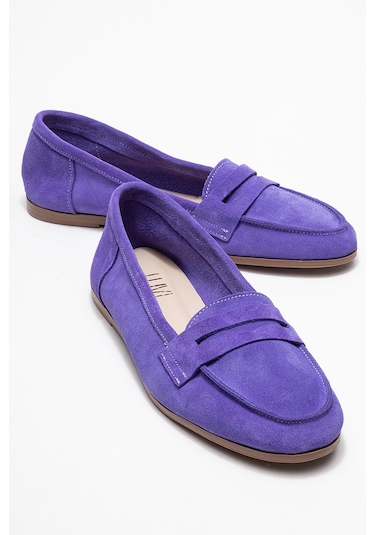 F02 Eflatun Süet Hakiki Deri Kadın Loafer Ayakkabı Açık Mor
