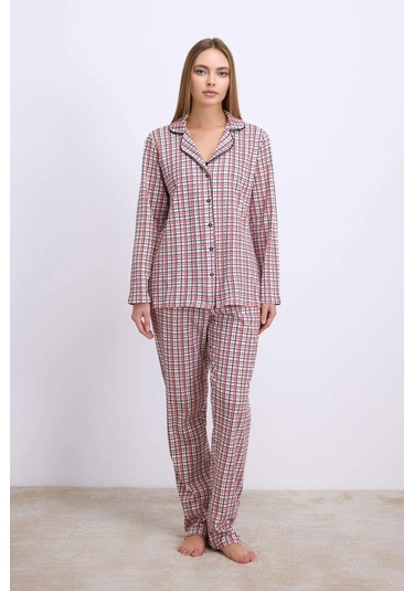 Pamuklu Uzun Kol Düğmeli Gömlek Ve Ekose Pantolon Pijama Takımı Kırmızı