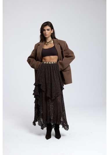 Mireya Asimetrik Kahve Dantel Etek Kahve