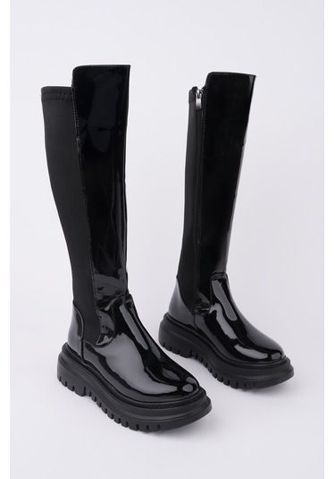 Muggo Nerox Kalın Taban Streç Detaylı Fermuarlı Kadın Çizme SİYAH RUGAN