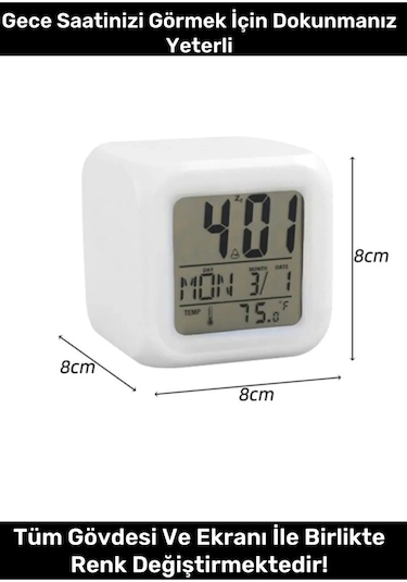 Hediyelik Dekoratif Termometreli Takvimli 7 Renk Değiştiren Dijital Küp Alarmlı Masa Çalar Saat