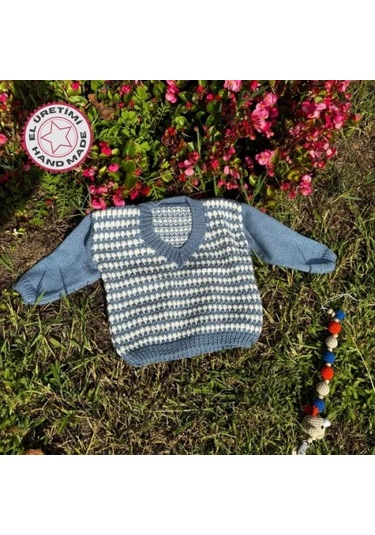 Uretti - Talia 8659 - 5602 El Örgüsü Erkek Çocuk Kazak - 2 Yaş Mavi - Krem