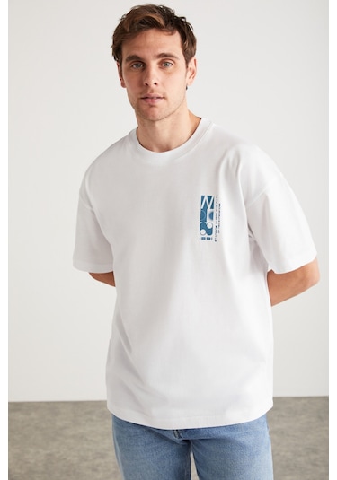 Antonıo  Erkek Baskı Detaylı %100 Organik Pamuk Örme Oversize Beyaz T-shirt