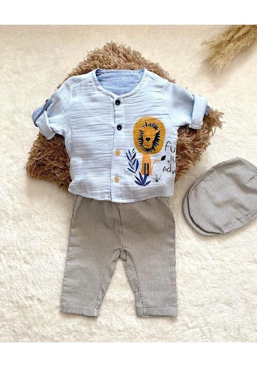 Minaz Baby Şapkalı Üçlü Takım Mavi - Gri
