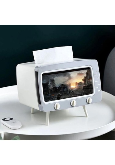 Singree Retro Tv Desenli Çift Fonksiyonlu Servet Tutucu Ve Telefon Tutucu - Ev, Ofis, Restoran Kullanıma Uygun Abs+pp Malzeme Beyaz