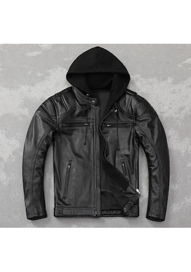 Polar Kapüşonlu Hakiki Deri Mont Siyah