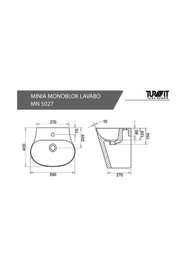 Turavit Minia Monoblok Batarya Delikli Beyaz Lavabo Mn5027
