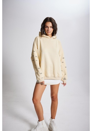 Holly Lolly Oversize Kapüşonlu Unisex Eye Sweat Bej