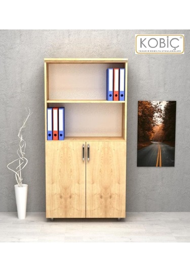 Kobiç Ofis Dosya Dolabı Kilitli Yarım Kapak Suntalam Dolap 70x35x150 Cm Meşe Meşe
