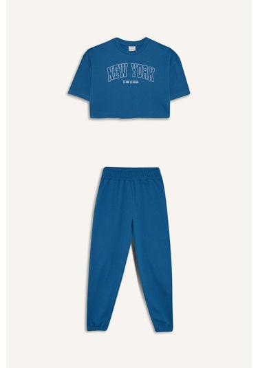 Defacto Kız Çocuk 2li Takım Baskılı Kısa Kollu Tişört Beli Lastikli Eşofman Altı E6414a825aube376 Mavi