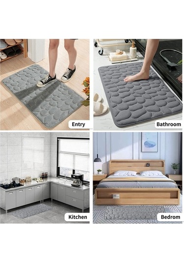 Novahub Hafızalı Köpük Banyo Paspası, Süper Su Emici, Makinede Yıkanabilir, Kaymaz Halı, Yumuşak Taş Kabartmalı, Kalın Duş Zemin Banyo Paspası Gri Gri