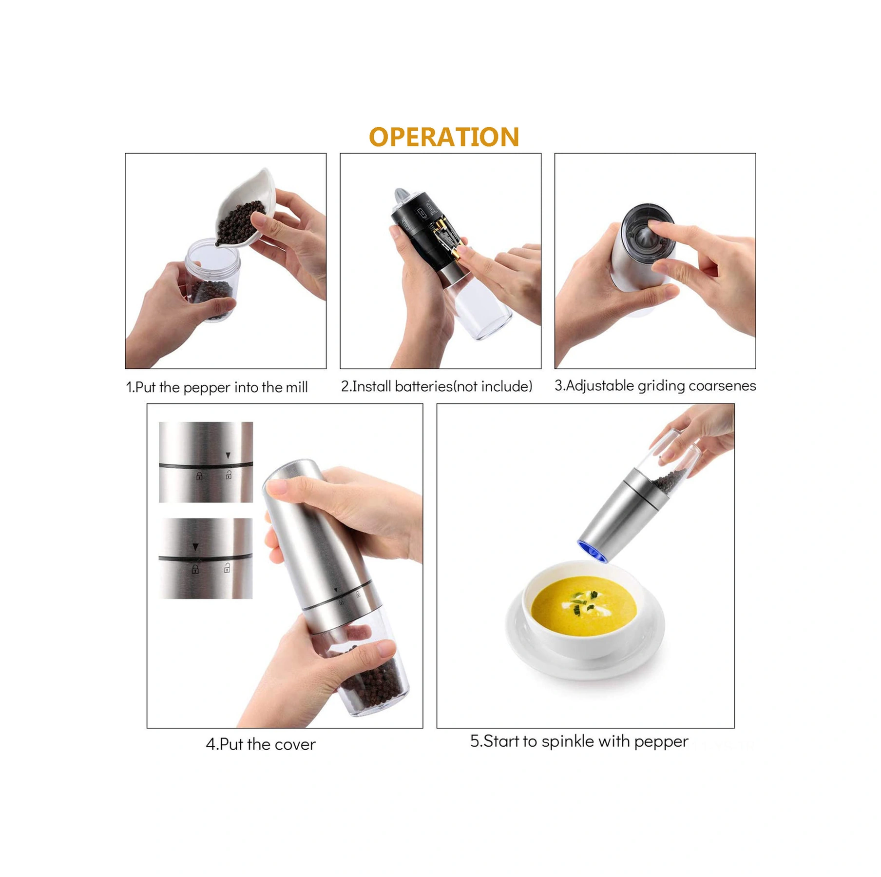 Yunboo Ev Elektrikli Biber Değirmeni, Çekim Sensörlü, Çelik Paslanmaz, Ayarlandırabilir Değirme Kalınlığı, Mavi Led Işık, Tek Elle Kullanım Pil Dahil Değil Gümüş