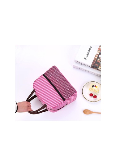 Termal Öğle Yemeği Çantası Klasik Çizgili Tasarım, Alüminyum Folyo İç Katmanlı, Buz Torbası Özellikli, Öğrenciler İçin Pratik Yemek Kabı, Isı Koruyucu Öğlen Yemeği Taşıma Çantası Pembe