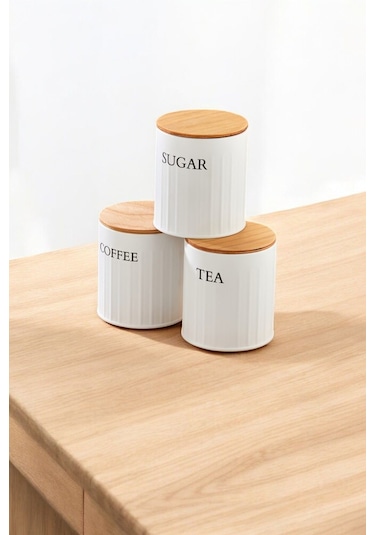 3 Lü Ahşap Kapaklı Metal Saklama Kutusu Çay Kahve Şeker Kavanoz Saklama Kabı Beyaz