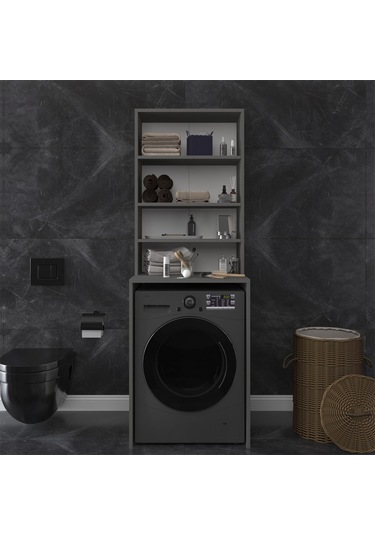Asra Trend Çamaşır Makinesi Üstü Banyo Dolabı BD-04 %100 MDF 4 Katlı Organizer Raf Antrasit