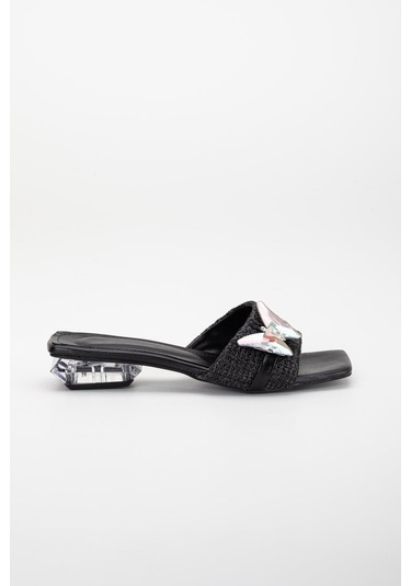 Hasır Kelebek Taş Tokalı Siyah Kadın Kısa Topuklu Terlik-3087-siyah Siyah
